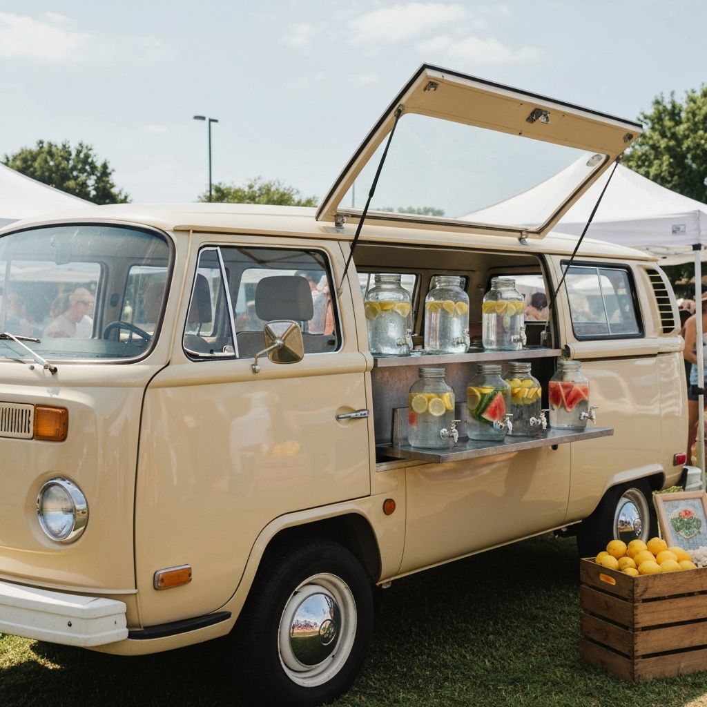 1979 Westfalia van serving water flights at farmers market